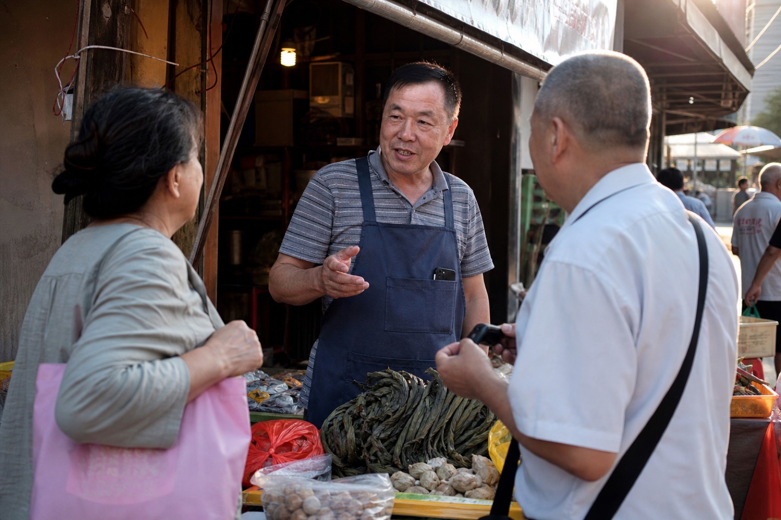 A market stall holder talking with customers in late afternoon light
